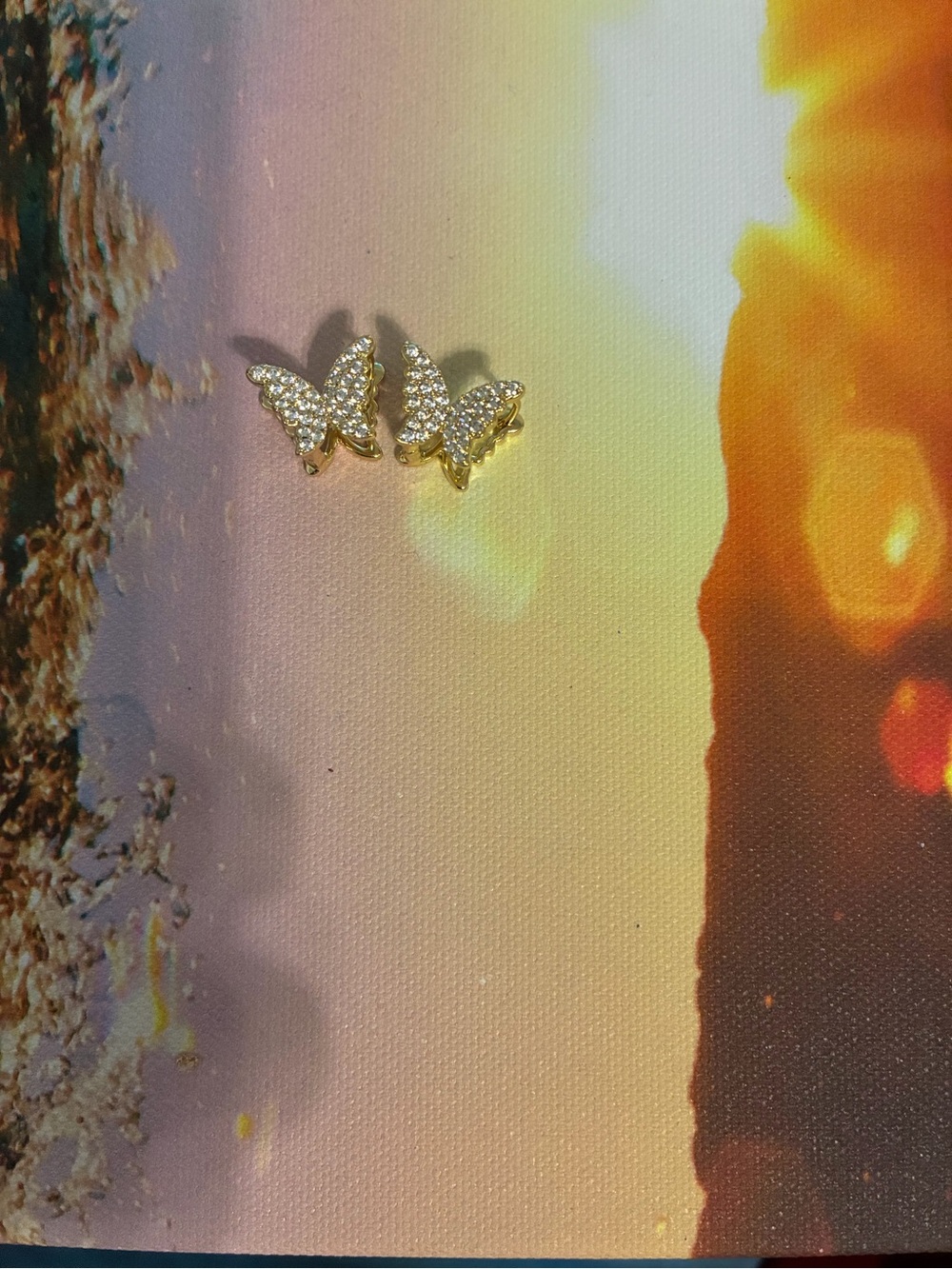 Gold Butterfly Crystal pull and clip Earrings - Sparkling Gold Tone